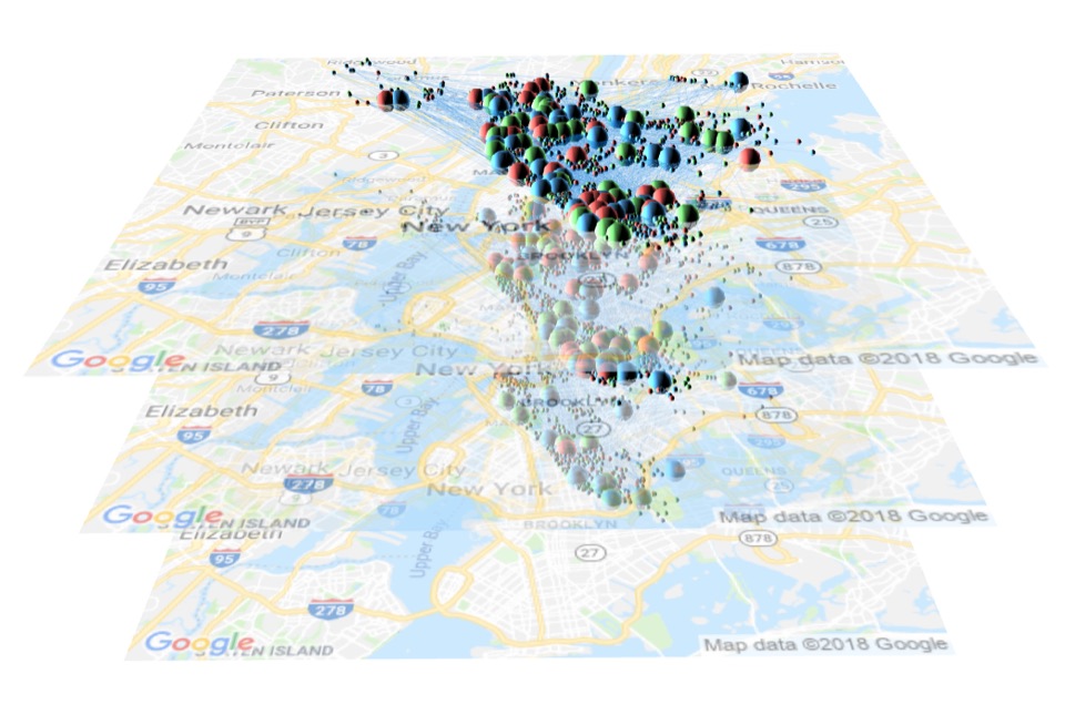 GeoTeGra visualization of geotagged social network activity layered over a map of New York City